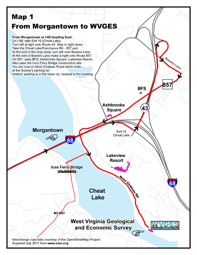 image of map showing route from I-68, Morgantown, to the Survey
