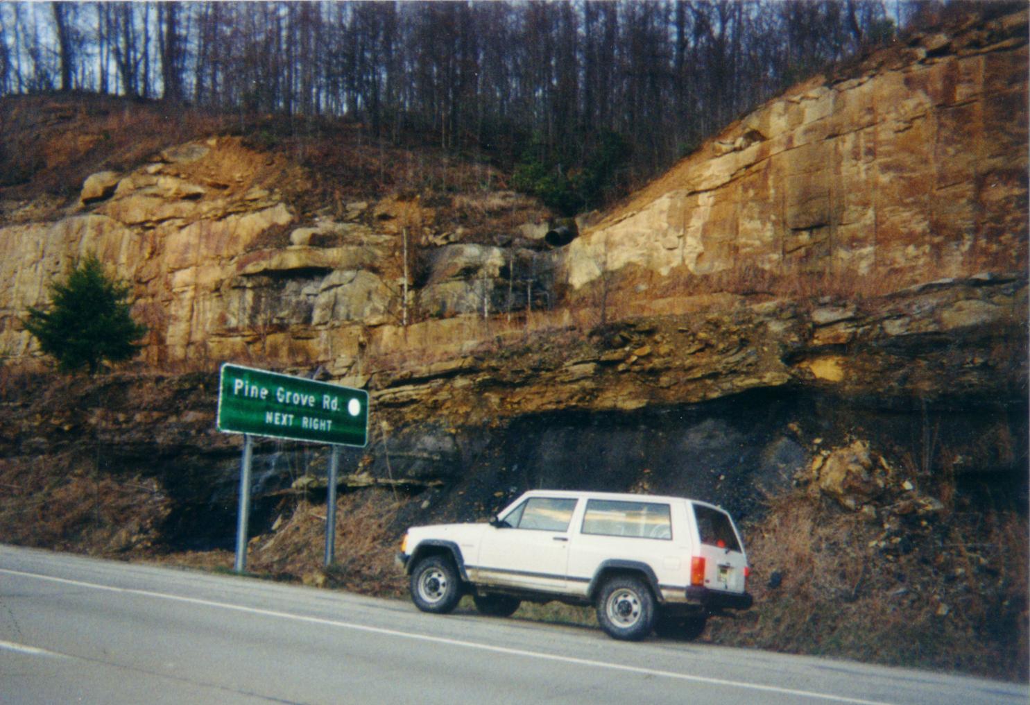 No.5 Block coal exposed at roadcut on Corridor G, south of Charleston WV