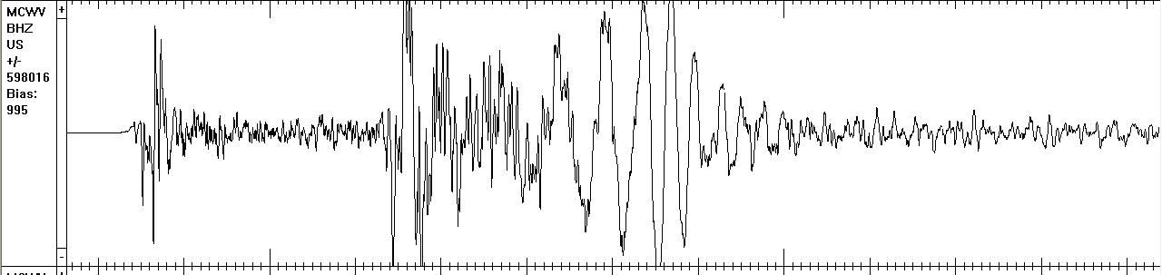 seismograph image of the 5.8 magnitude earthquake in Virginia as recorded at WVGES