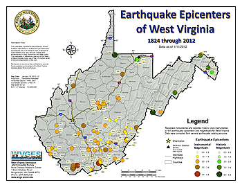 image of the map of Earthquake Epicenters of West Virginia
