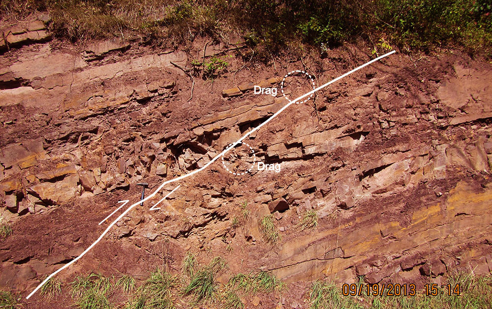 Reverse fault in the Ordovician Juniata along WV 39/92, southeast of Huntersville, WV