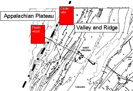 Physiographic provinces and the locations of the Circleville and 
Thornwood Quadrangles