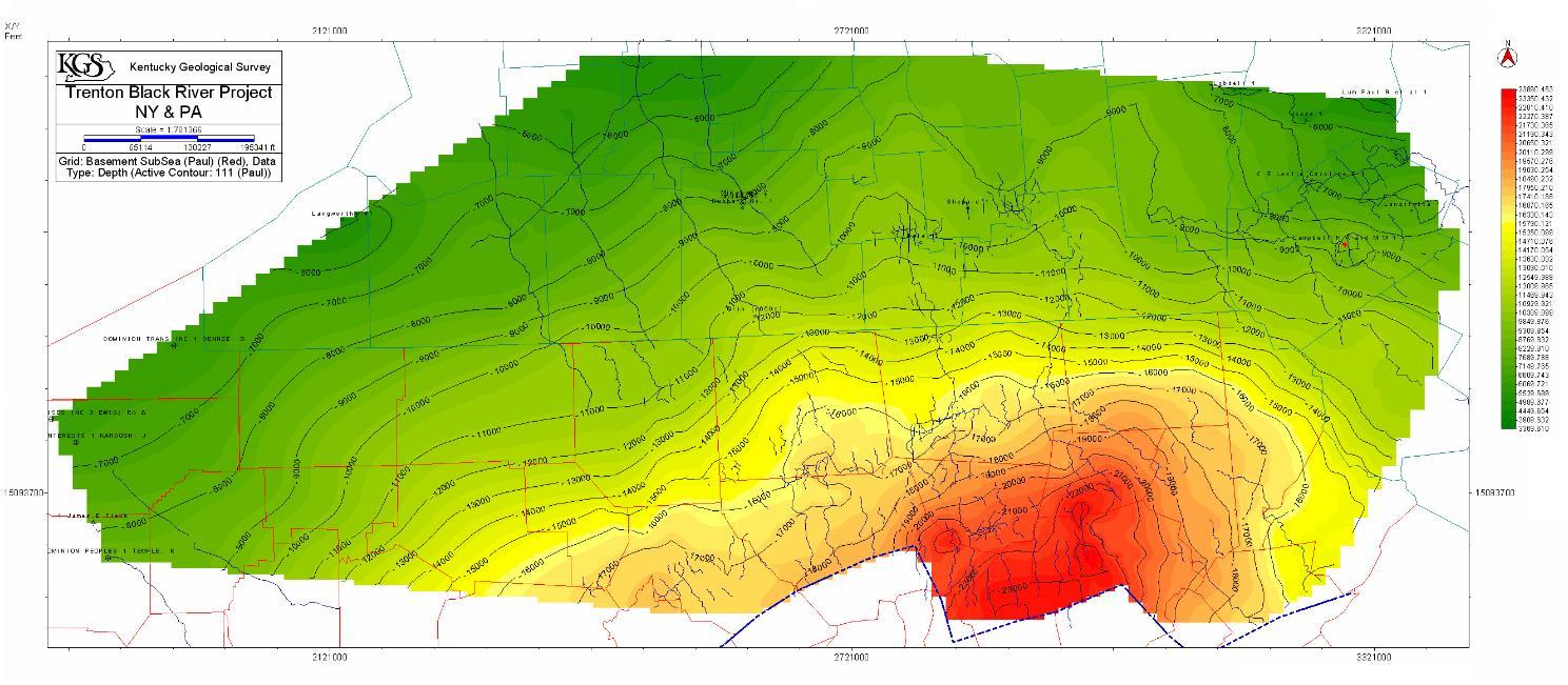 Figure 12a.  Structure map of the top of the basement based on well tops and available seismic data (major fault systems not shown) in New York and Pennsylvania.