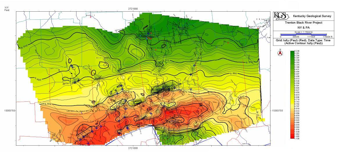 Figure 6.  Time structure map of the Tully Ls. generated from the available 2D seismic data. The Tully Ls. is an important regional seismic reflector in New York and Pennsylvania (faults not shown).