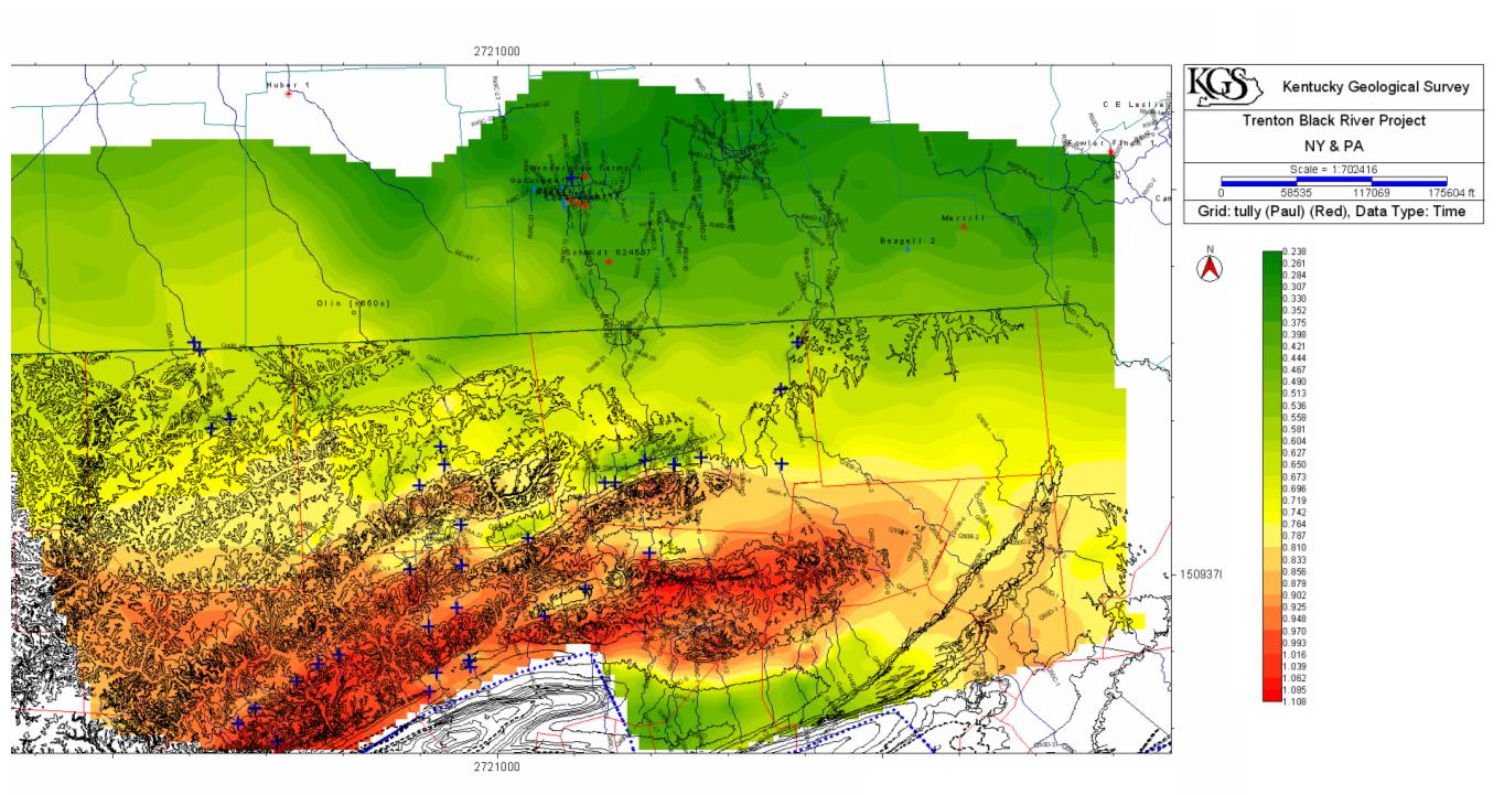 Figure 7.  Time structure map of the Tully Ls. displayed in Figure 6 with the geologic map overlaid, demonstrating the reliability of the seismic-data interpretation to resolve the structure in the subsurface. 