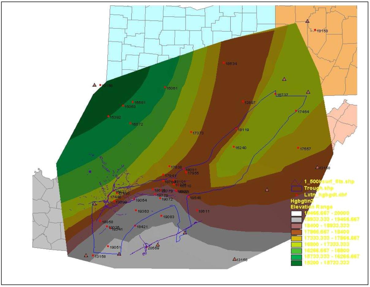 Figure 8.  Map showing the internal velocity for the Trenton Fm.  This layer is part of a velocity model that was created for time-depth conversion calculations in interpreting seismic data.