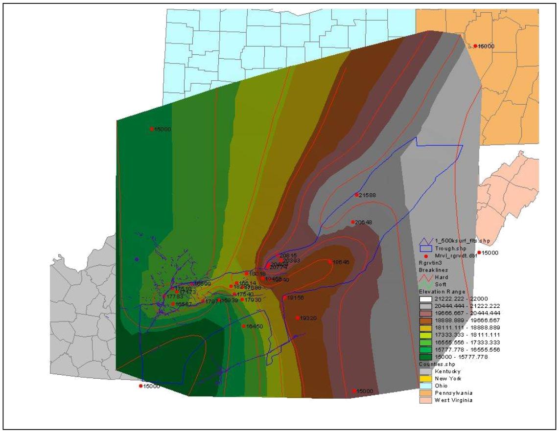 Figure 9.  Map showing the internal velocity for the Maryville Ls.  This layer is part of a velocity model that was created for time-depth conversion calculations in interpreting seismic data. This figure and the previous figure demonstrate the effects of the Rome Trough on the interval velocity.