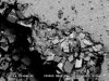 FIGURE A3-B. Higher magnification view of planar-c dolomite shown 
        in Figure A3-4A. This dolomite is in the upper right corner of the vug. 
        The cross on the crystal just right of the center of the SEM photo shows 
        the spot of the EDS analysis presented next in Figure A3-4C.